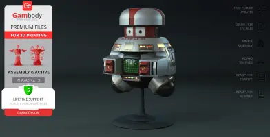 A small, retro-style robot with a round head and boxy body on a stand, designed for 3D printing.