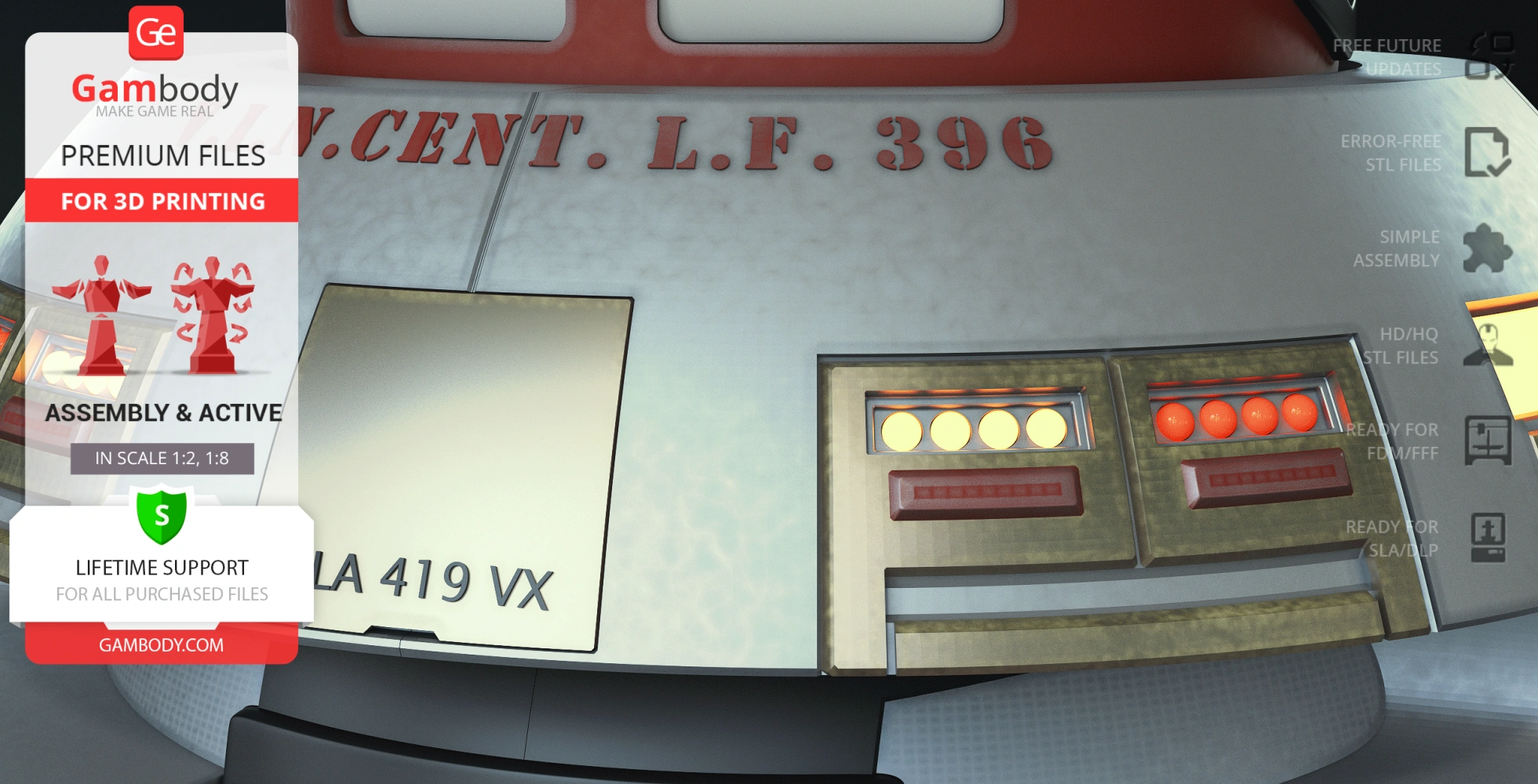 Close-up of V.I.N.CENT robot model with red markings and panel lights, 3D printable file promotion by Gambody.