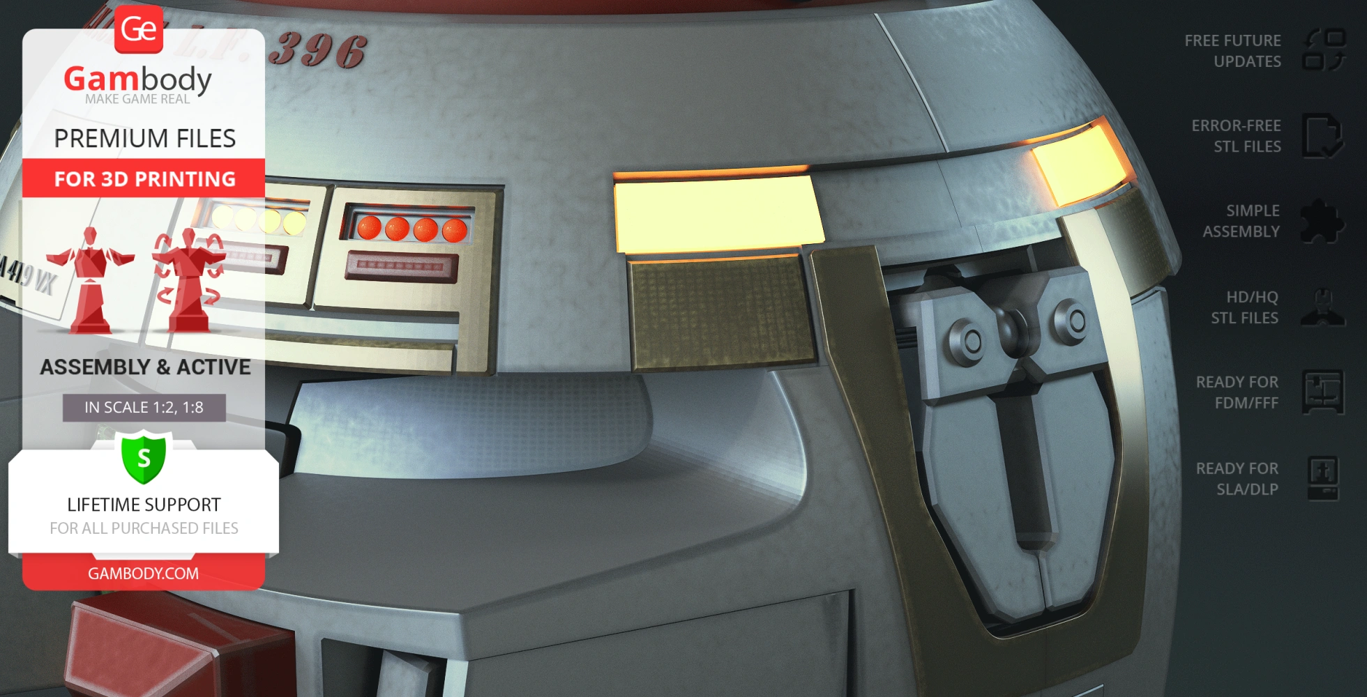 Futuristic robotic model featuring panels, buttons, and a metallic texture for 3D printing.