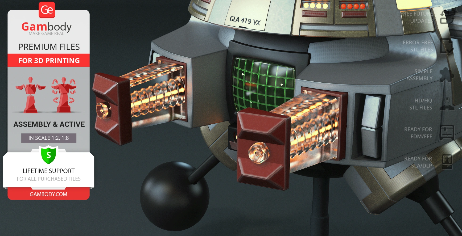 A detailed 3D model of a robot with glowing elements and a grid screen, designed for 3D printing.