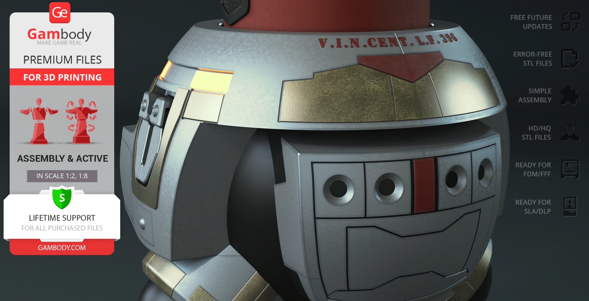 Detailed robot head with mechanical features and 'V.I.N.CENT' inscription, designed for 3D printing.