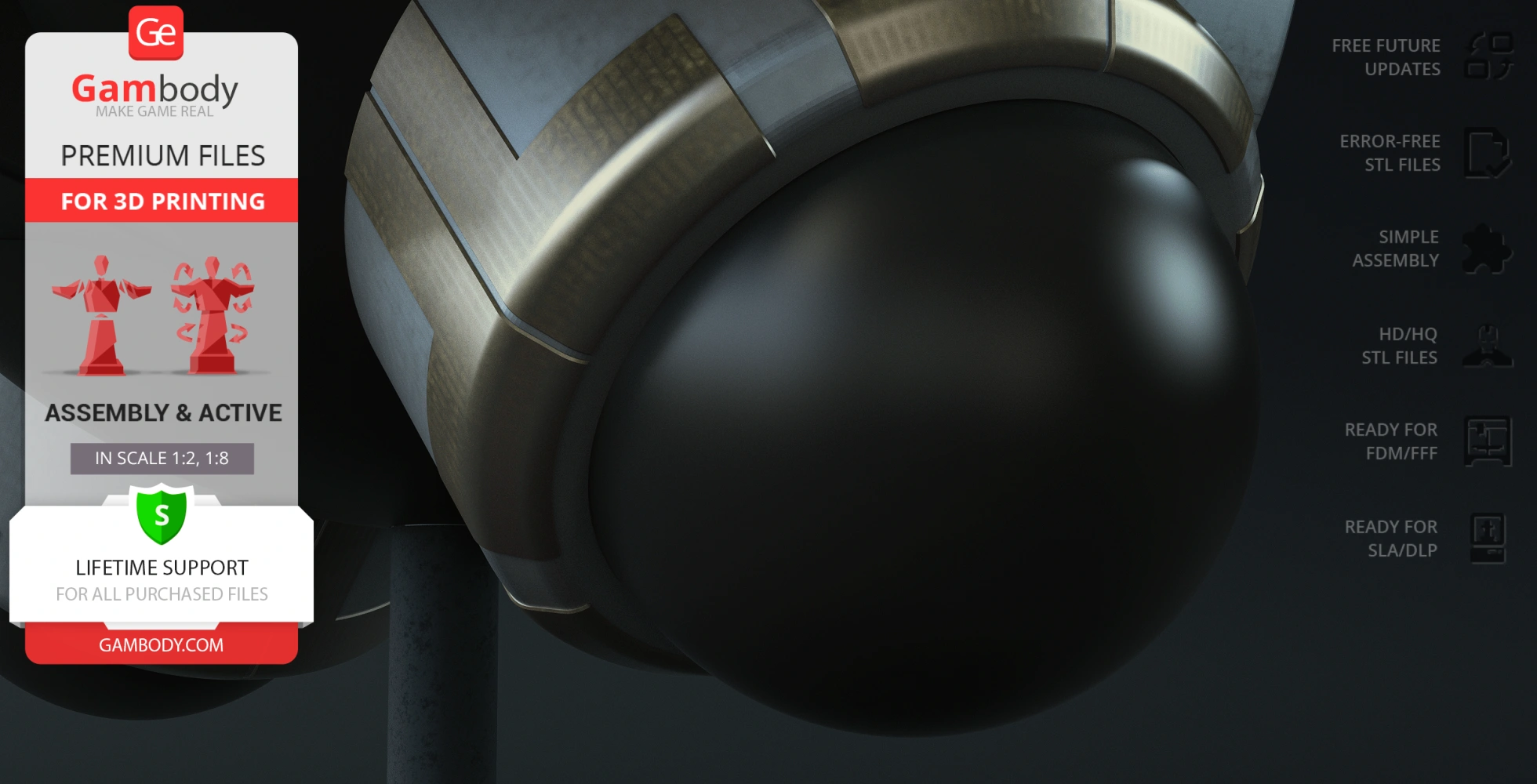 Metallic spherical robot component with detailed textures, featured on a 3D printing promotion.