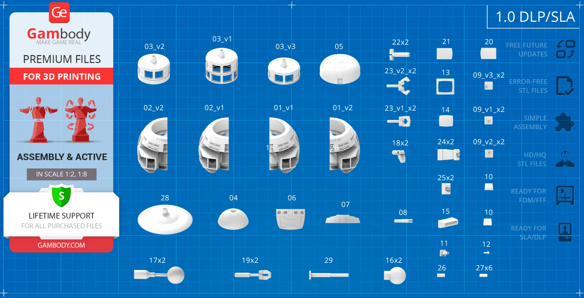 Collection of 3D print parts for assembling a V.I.N.CENT robot model on a blue grid background.