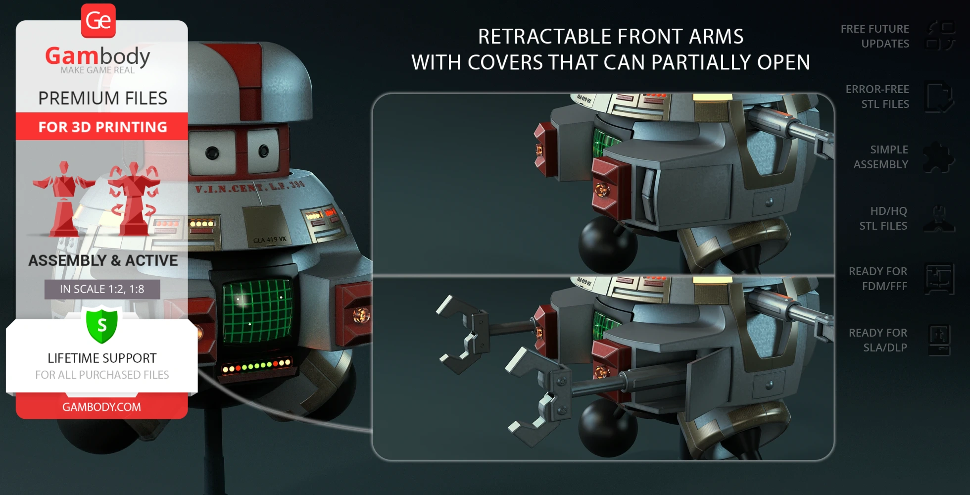 A robot model with retractable front arms, designed for 3D printing.