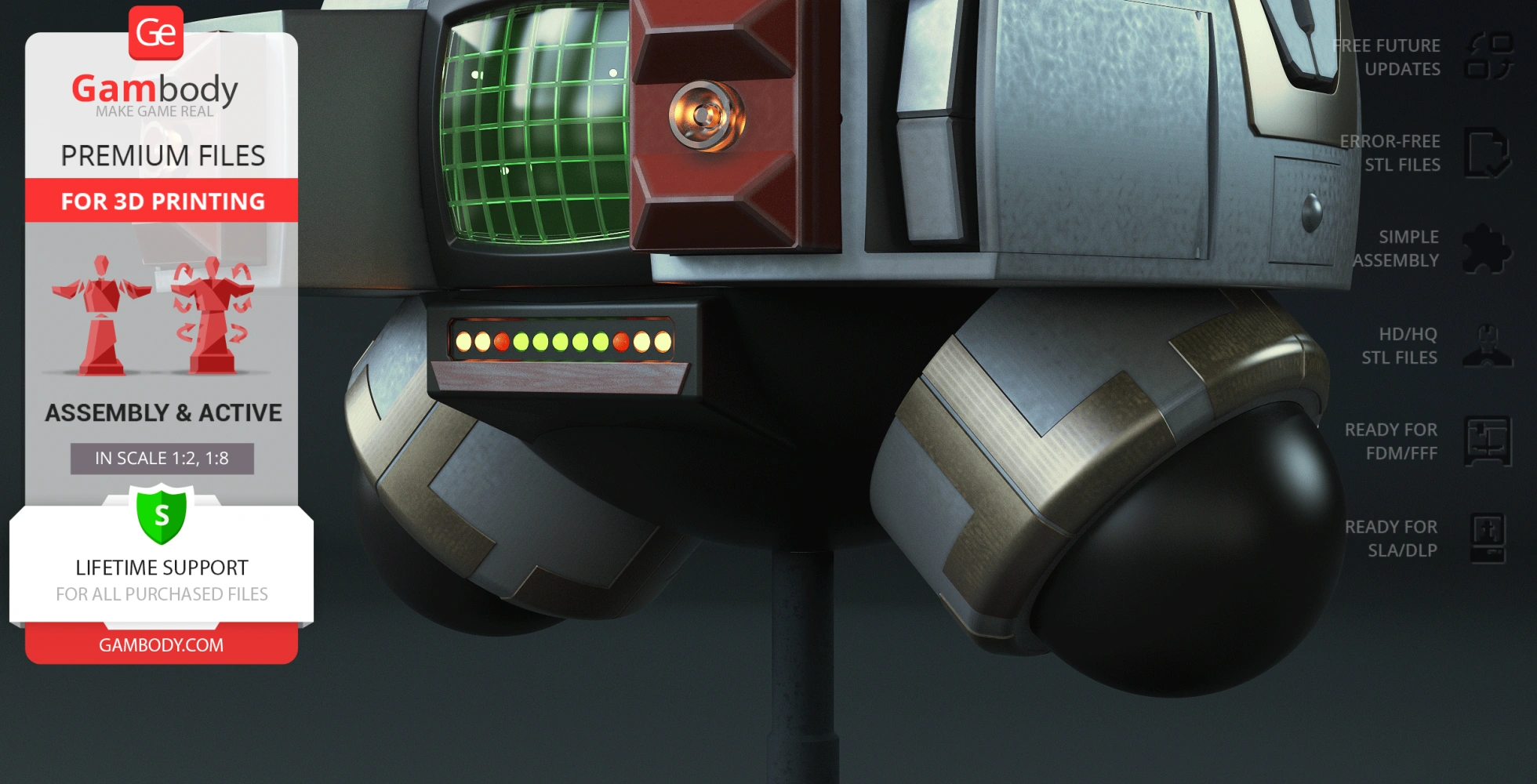 Detailed close-up of a futuristic robot model with a grid screen and colorful indicator lights.