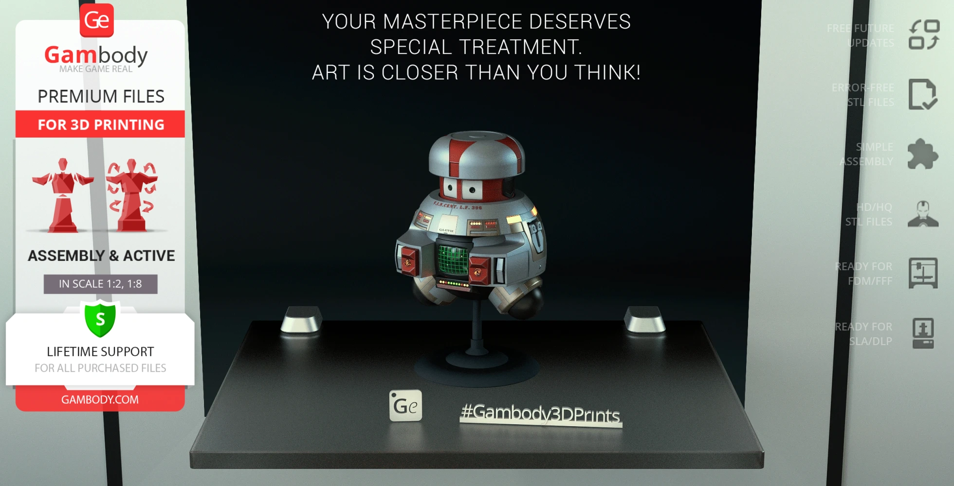 A detailed 3D model of a robot with a round head and square body, displayed on a stand.