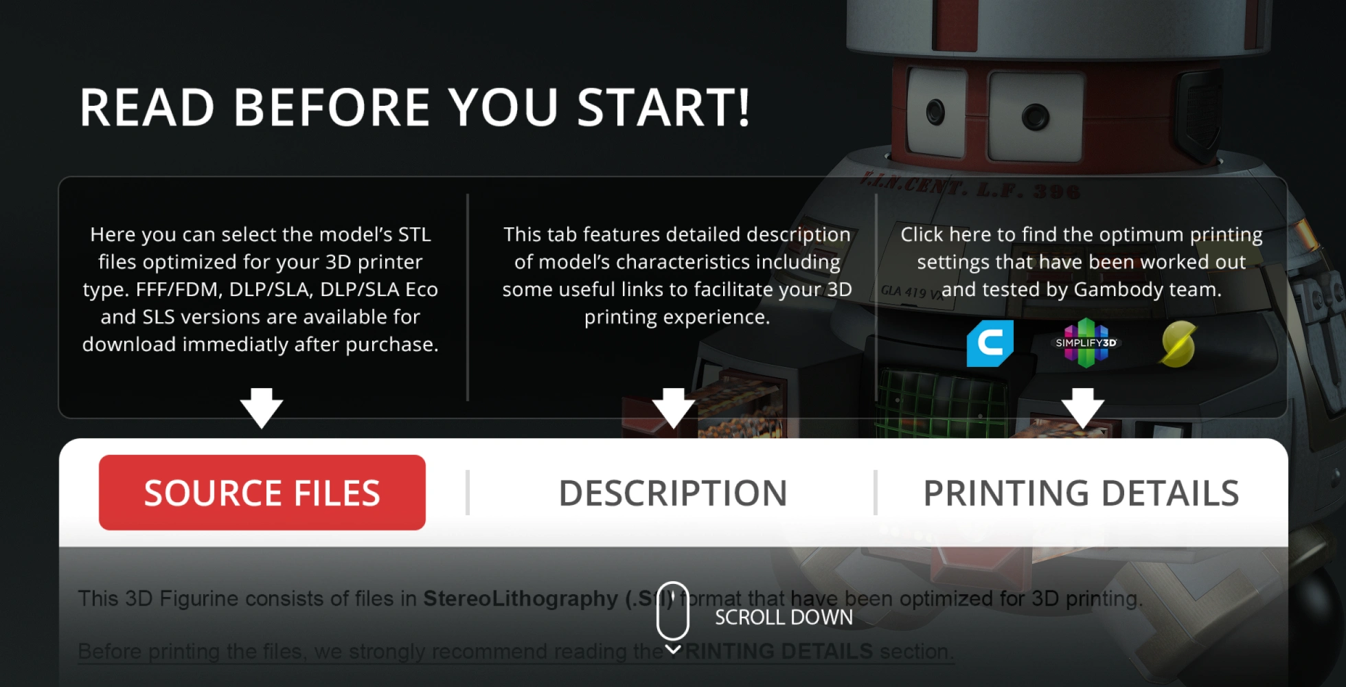 Interface with 3D model download options, detailed descriptions, and printing settings recommendations.