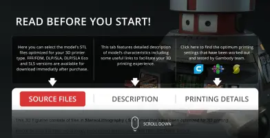 Interface with 3D model download options, detailed descriptions, and printing settings recommendations.