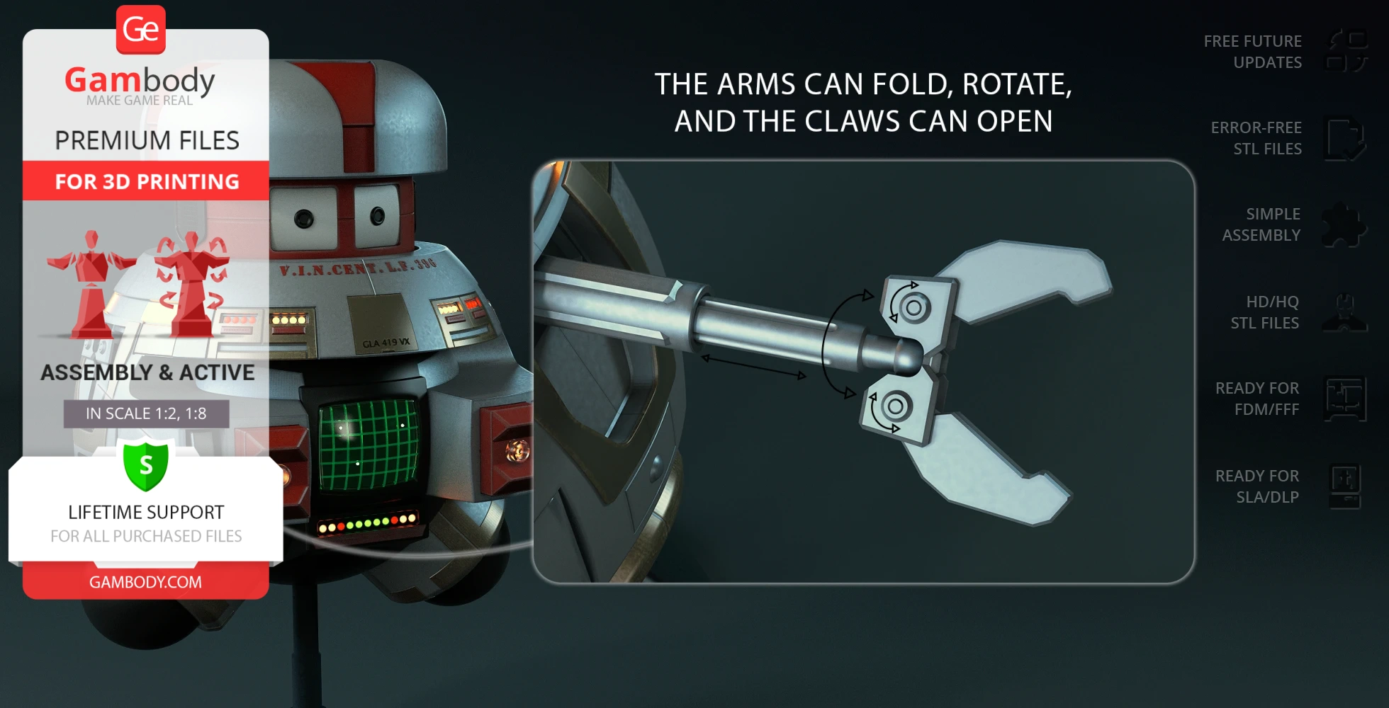 Retro-styled robot model with foldable, rotatable arms and openable claws for 3D printing.