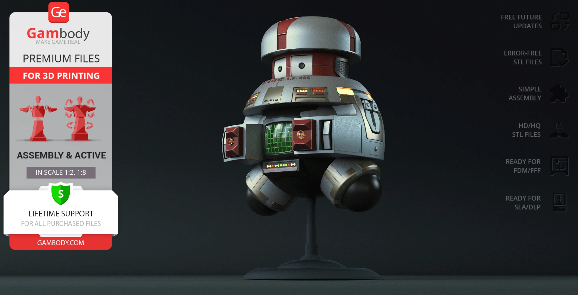 Retro spherical robot model with a dome head, detailed panels, and display screen on Gambody base.