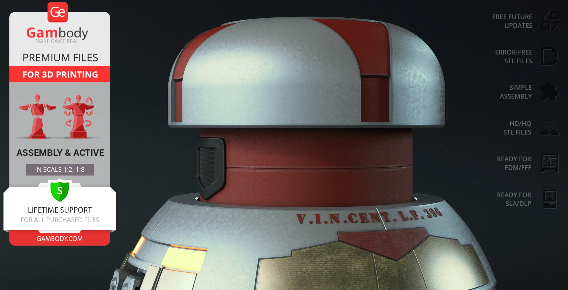 Retro robot head with red and white design, labeled V.I.N.CENT, for 3D printing by Gambody.