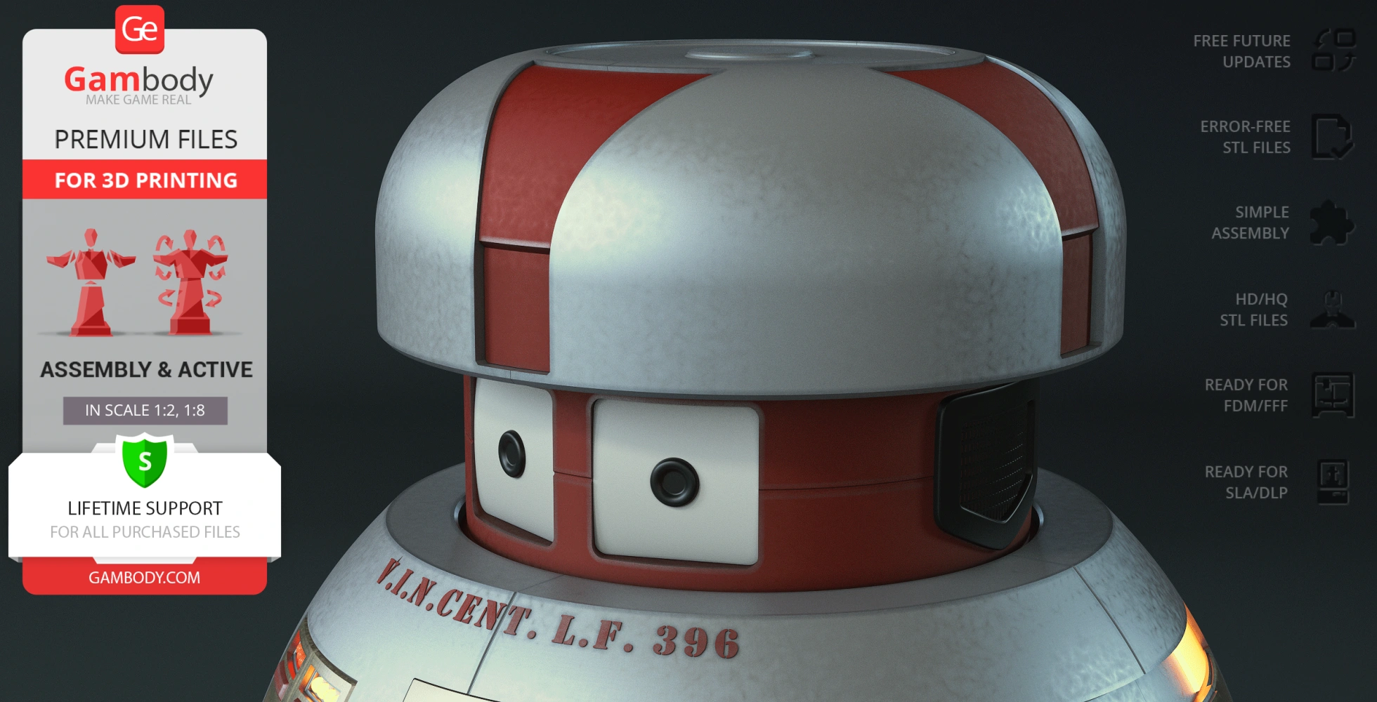 A detailed 3D model of a round robot head with red and white segments and two black eyes.