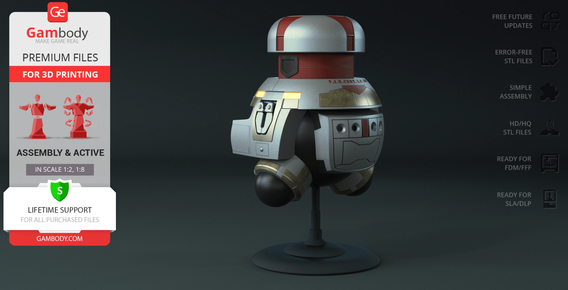 A spherical robot model with a round head, antennae, and stand, designed for 3D printing from Gambody.