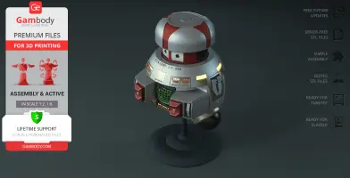 A retro-style spherical robot with a dome head and various controls on a black stand.
