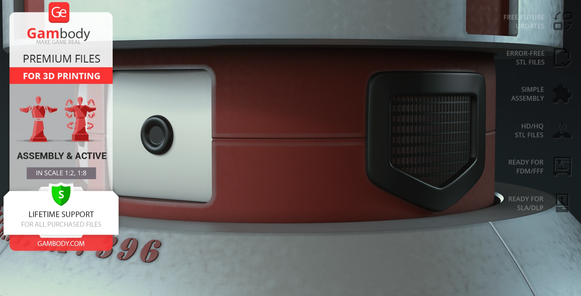 Close-up of V.I.N.CENT robot model details from Gambody for 3D printing, showcasing a red and gray design.