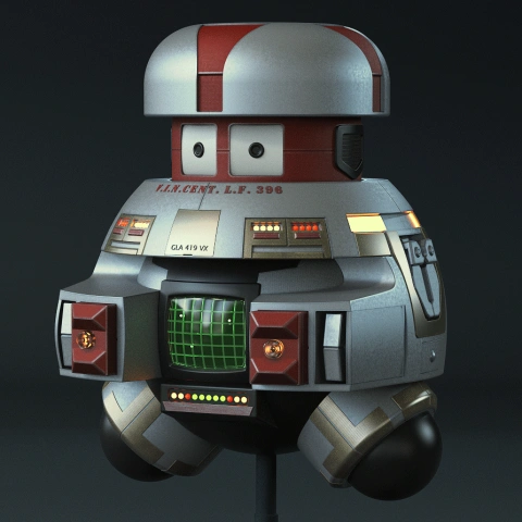 A rounded robot with a dome head, panel details, and a digital display resembling a 3D model for printing.