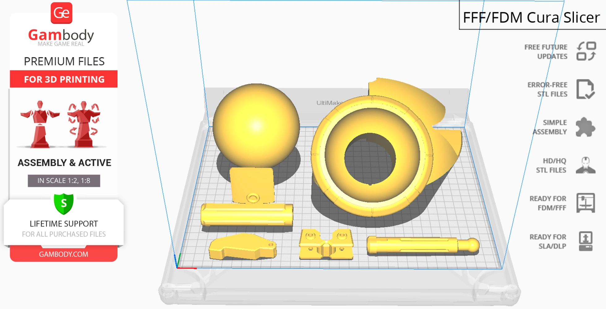 3D printing layout of V.I.N.CENT robot parts, displayed in yellow, from Gambody.