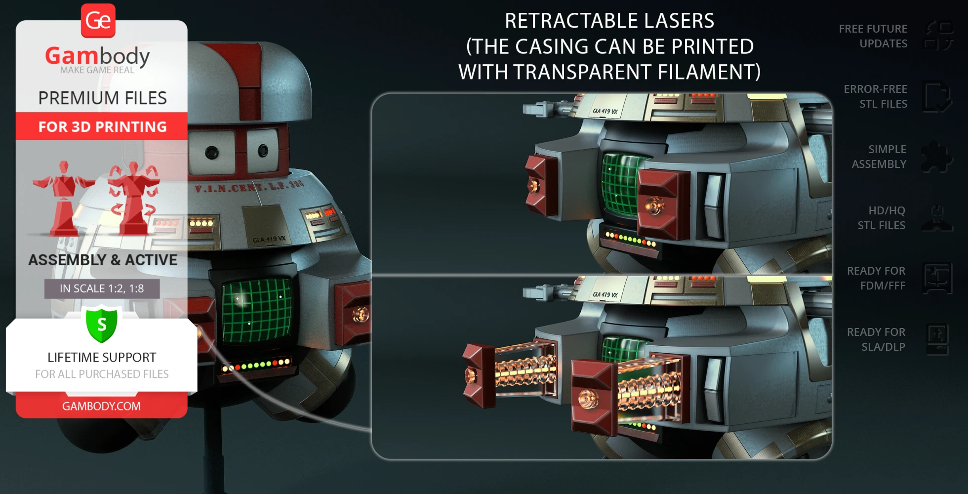 Retro-styled robot with retractable lasers, featuring a grid display and detailed components for 3D printing.
