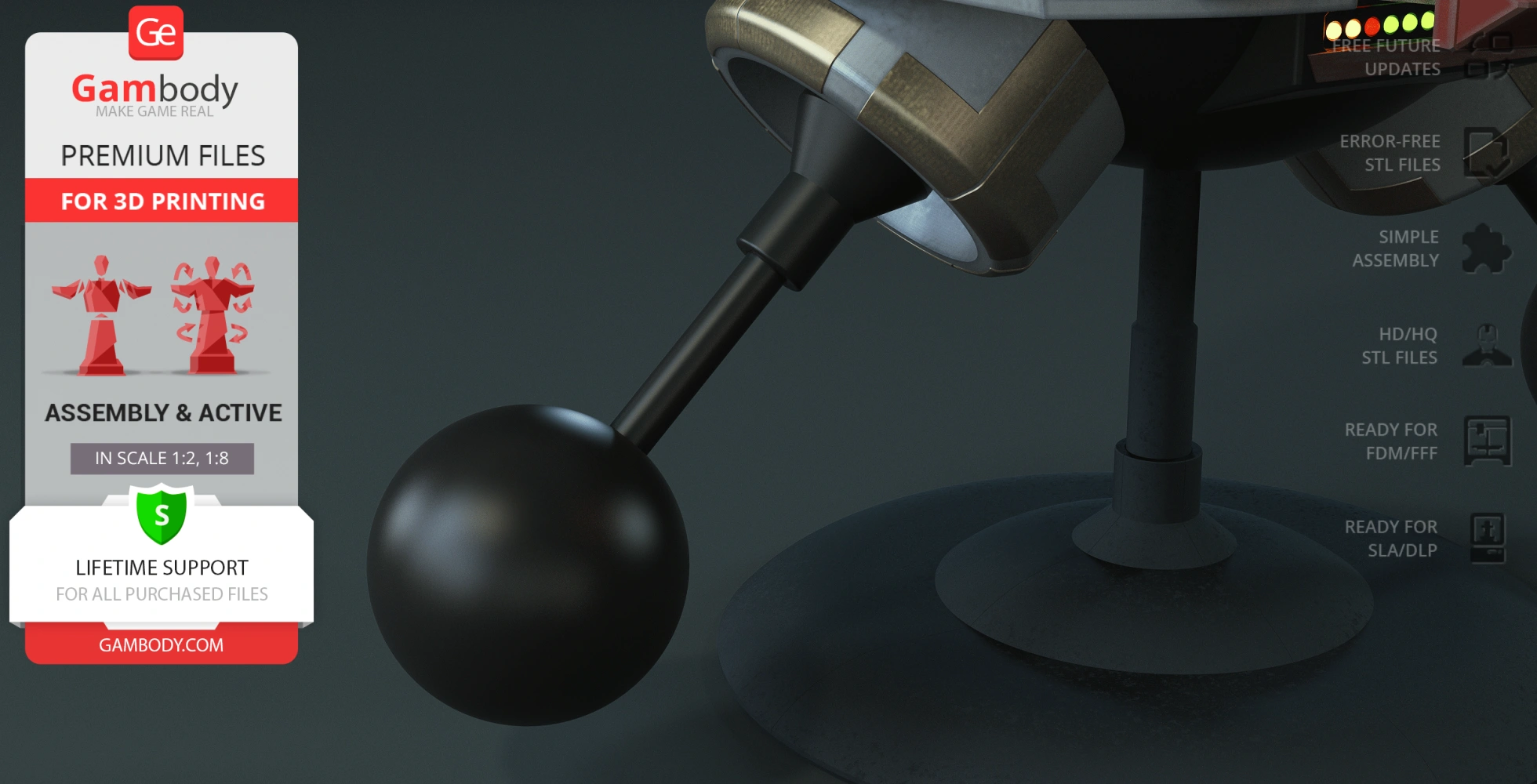 Close-up of a spherical robot leg with a round base, showcased for 3D printing on Gambody.