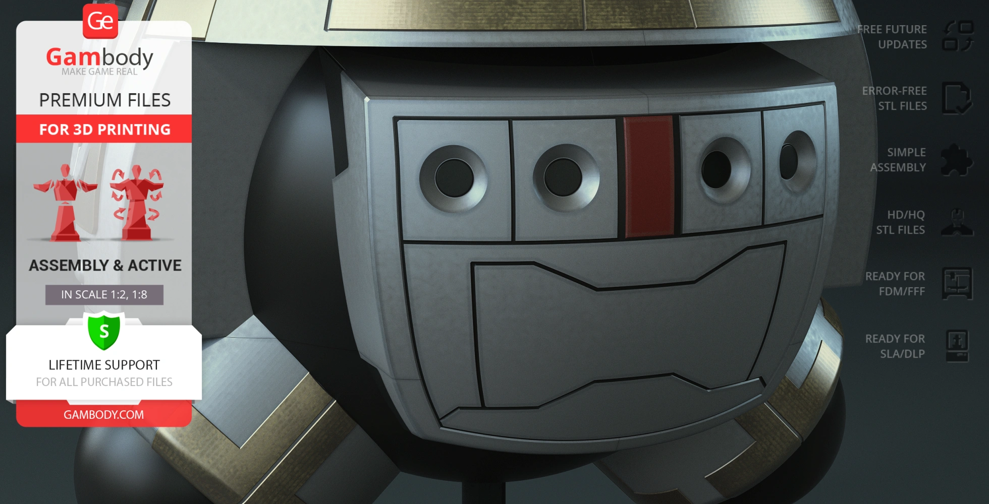 Robotic face design with metal panels and circular eyes, optimized for 3D printing.