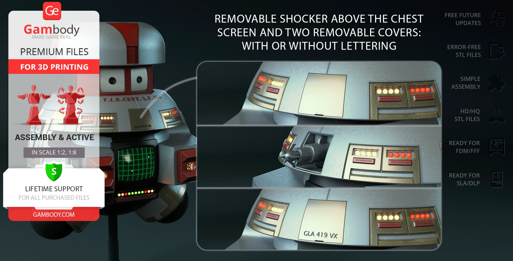 A 3D model of a robot with a spherical body, red accents, and interchangeable panels for 3D printing.