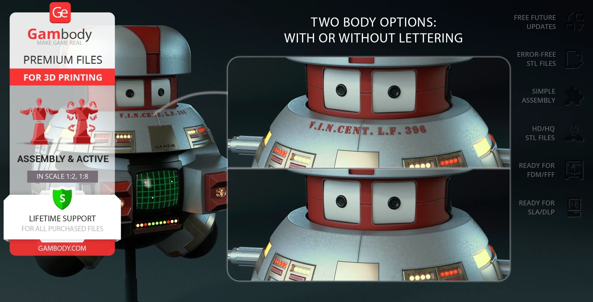 A 3D model of a round, retro robot with options for lettering on its body.