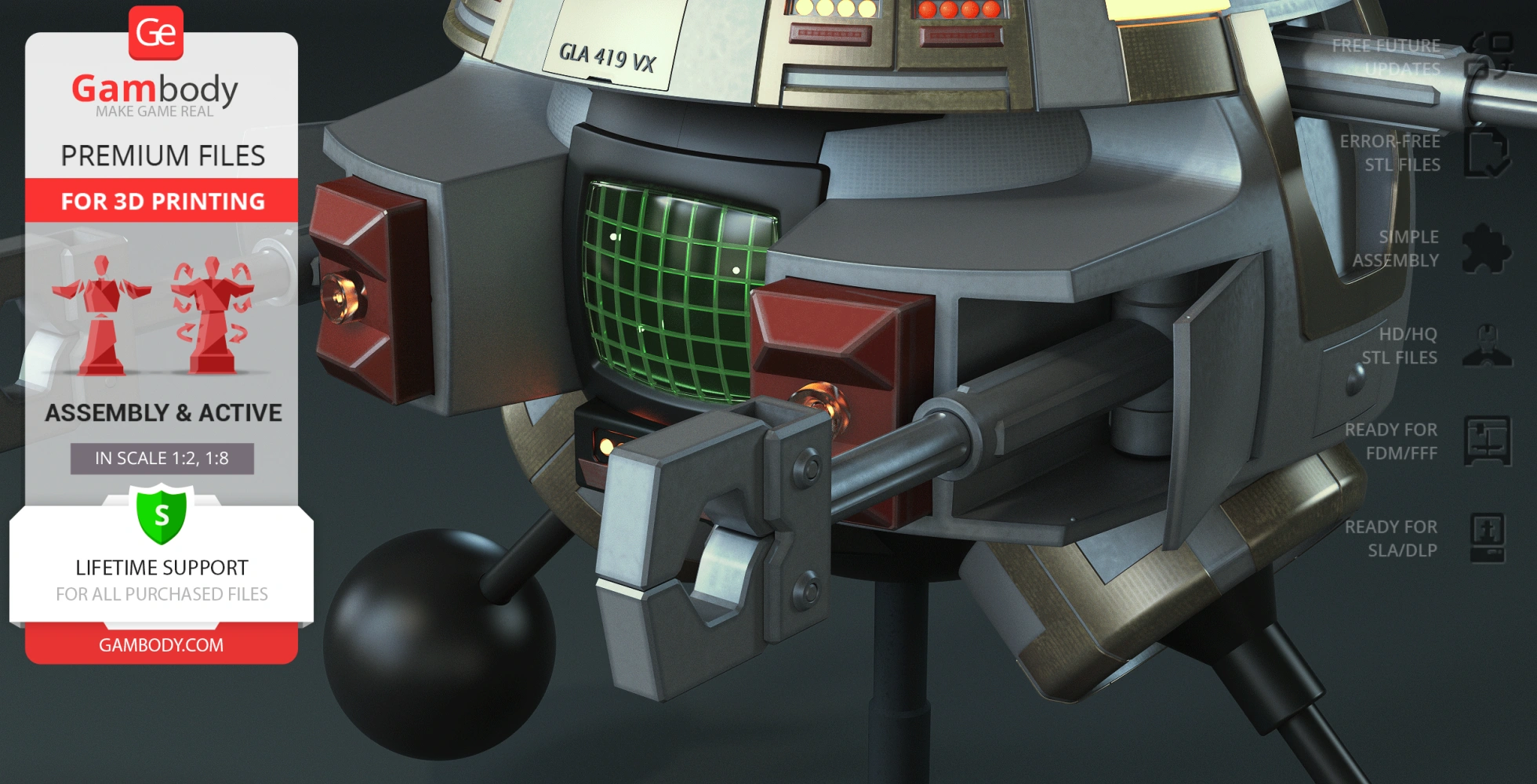 A detailed 3D model of a robot with a spherical design, mechanical arms, and a grid-like green display.