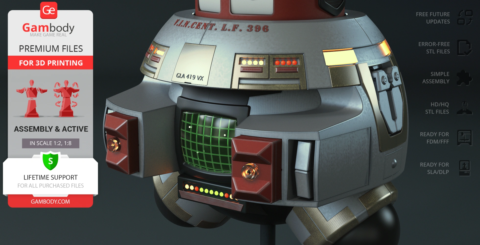 Retro-futuristic robot model with a rounded body, various panels, and glowing elements.