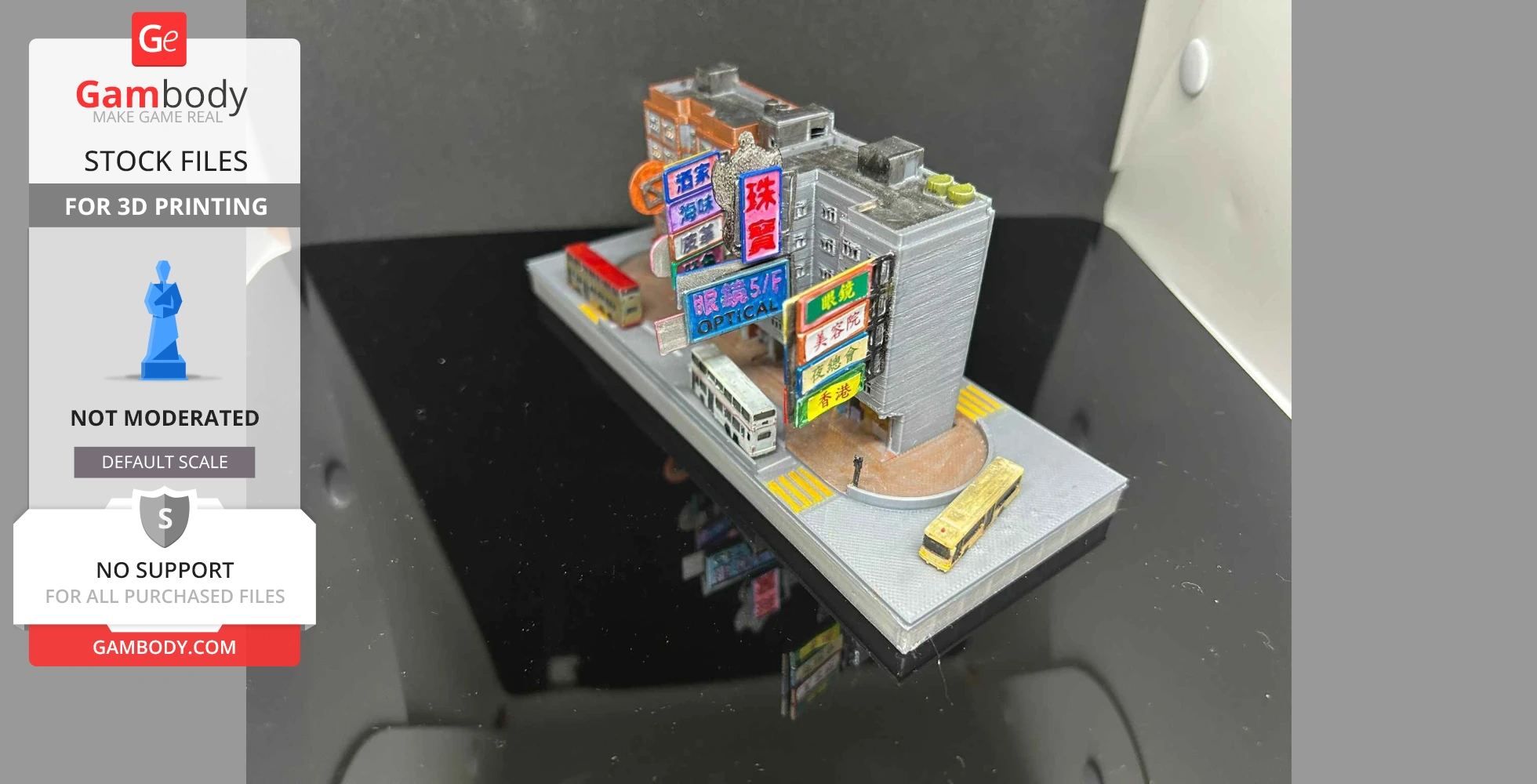 Miniature Hong Kong street scene with buildings and vibrant neon signs for 3D printing.