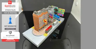 3D model of a Hong Kong street, featuring detailed buildings and colorful neon signs.
