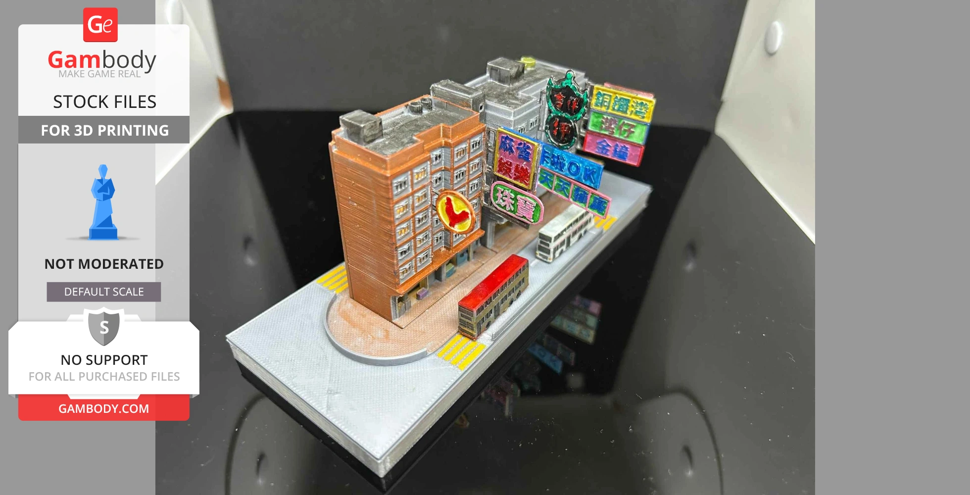 3D model of a Hong Kong street, featuring detailed buildings and colorful neon signs.