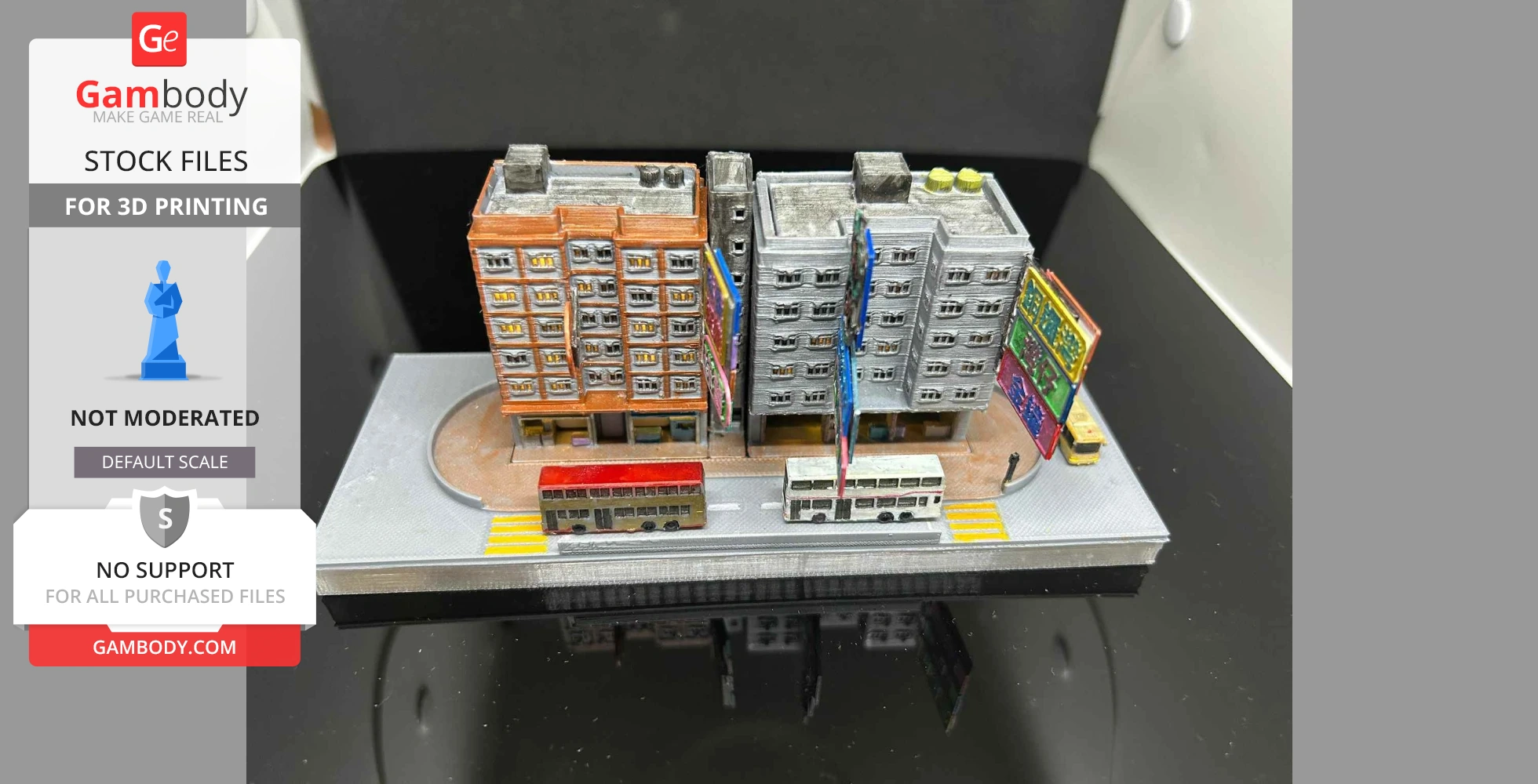 Miniature Hong Kong cityscape with detailed buildings, roads, and buses, designed for 3D printing.