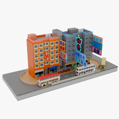 Model of colorful Hong Kong buildings with signs, buses, and a road, for 3D printing.