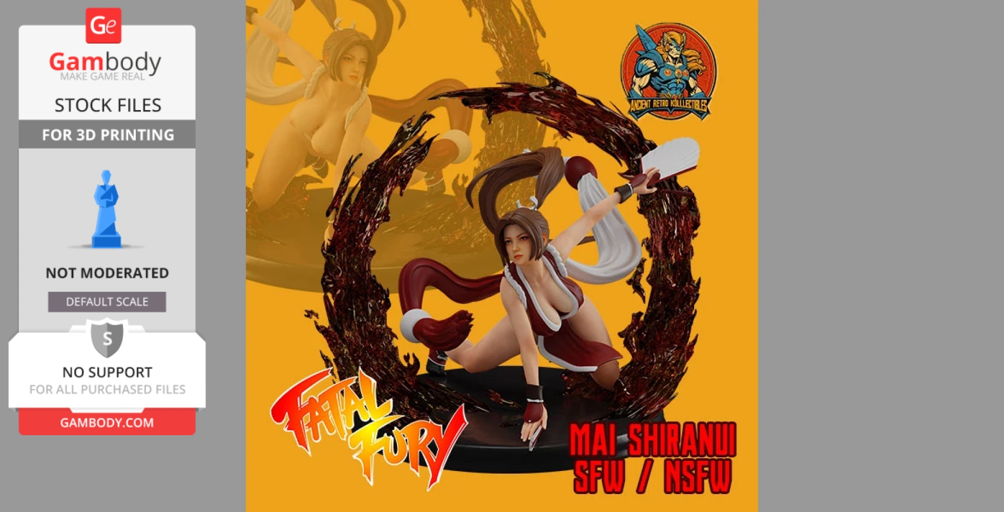 3D model of a female character in a dynamic pose, with flowing hair and a circular backdrop.