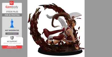 A dynamic figure of a kneeling woman in red and white attire, surrounded by swirling energy effects.