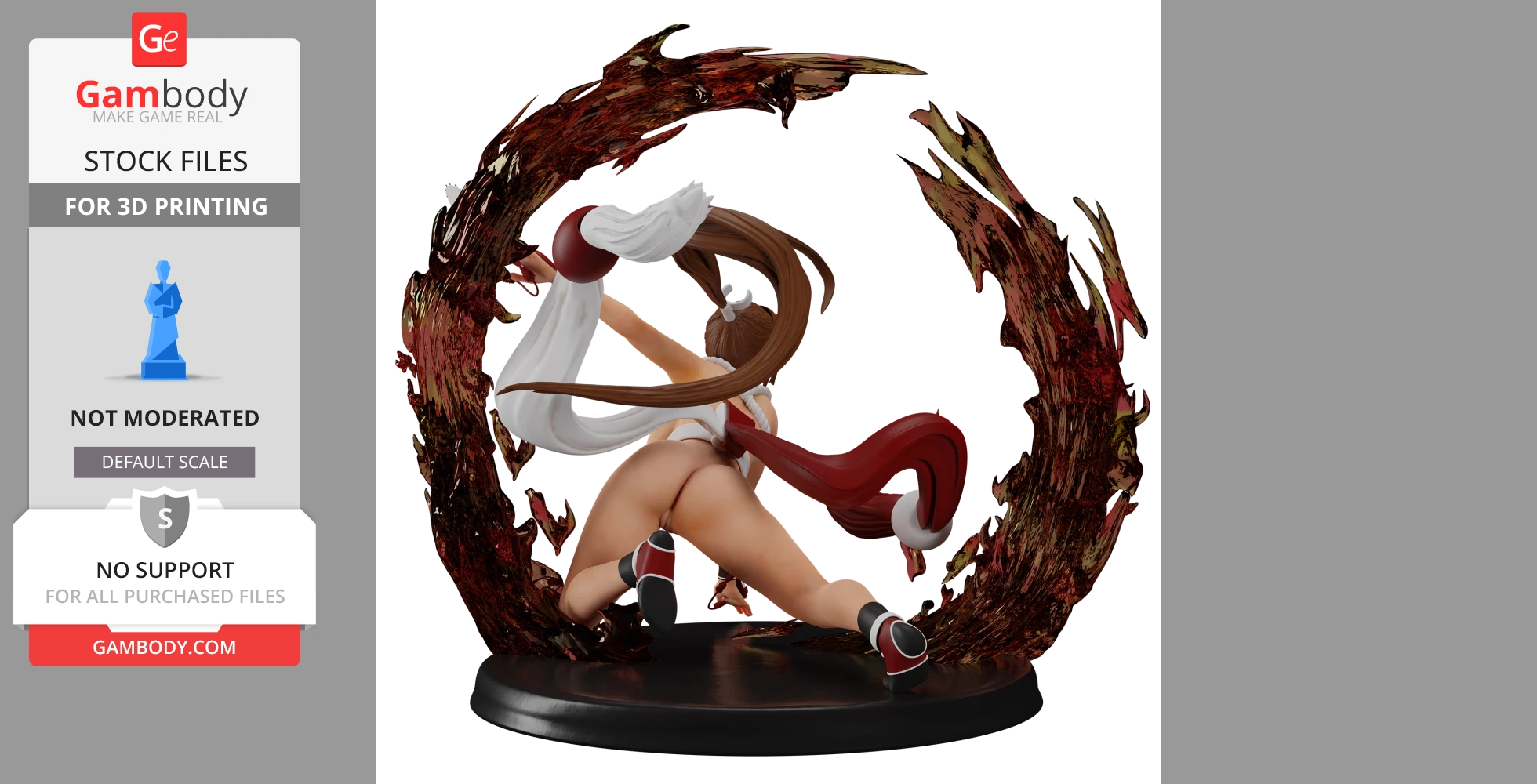 A dynamic 3D model of Mai Shiranui in a combat pose, surrounded by a fiery effect, for 3D printing.