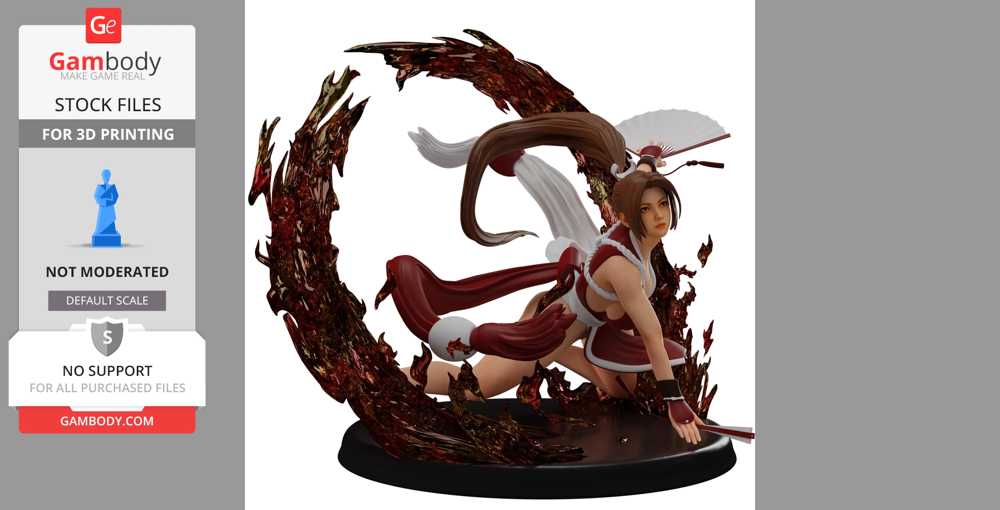 A dynamic figure of a kneeling woman in red and white attire, surrounded by swirling energy effects.