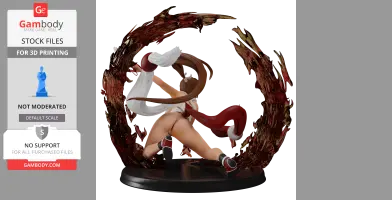 A dynamic 3D model of Mai Shiranui in a combat pose, surrounded by a fiery effect, for 3D printing.