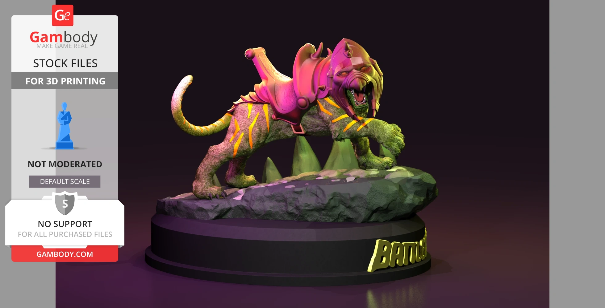 A 3D model of a green, armored tiger on a rocky base, with pink and yellow accents, ready for 3D printing.