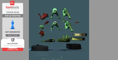 Disassembled green and red tiger-like figure parts for 3D printing, labeled 'Cringer Battlecat.'