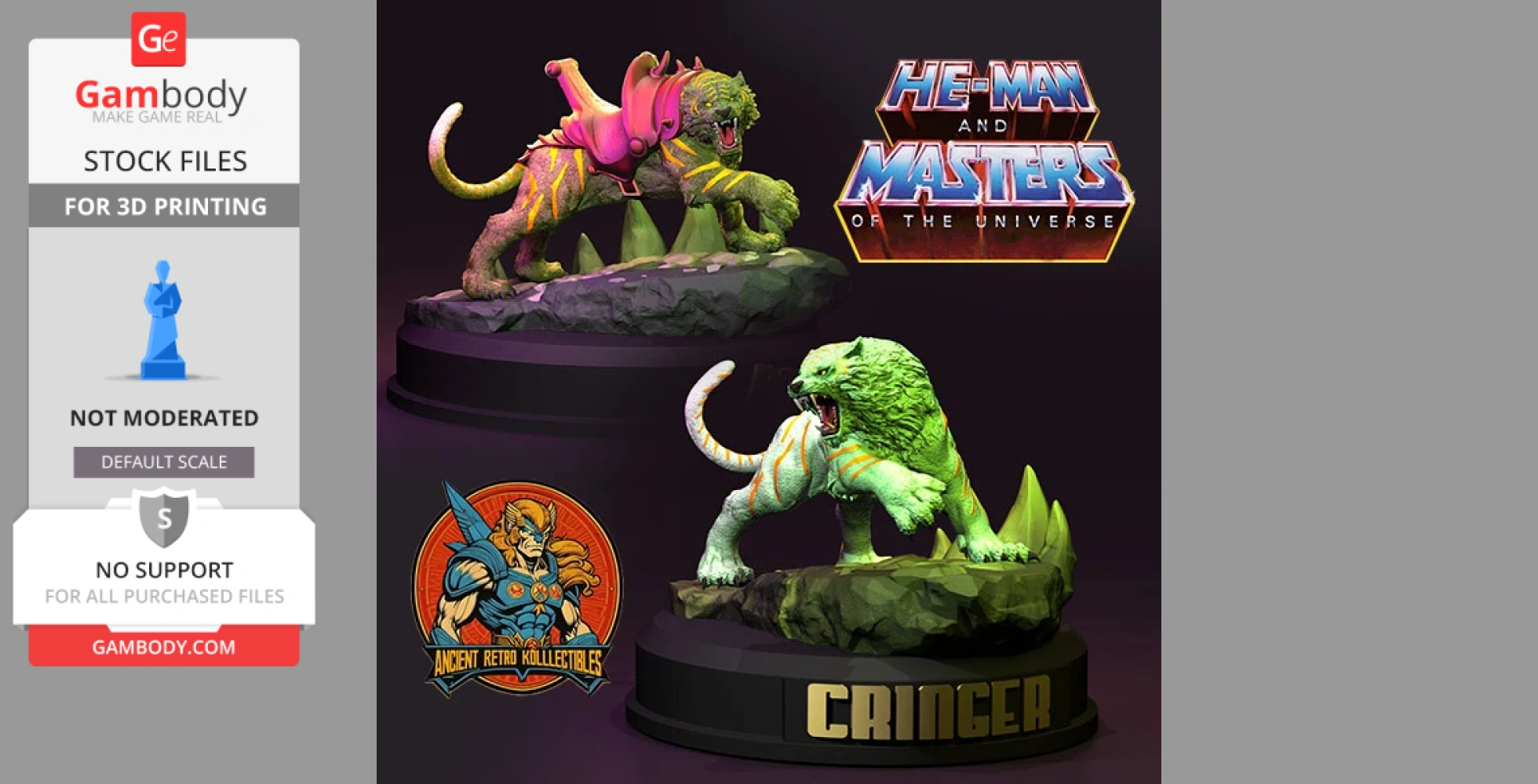 Tiger-like creature in armor and plain, on display stands, related to He-Man universe.