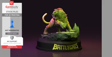 A fierce green and yellow armored tiger, roaring on a rock pedestal labeled 'BATTLECAT.'