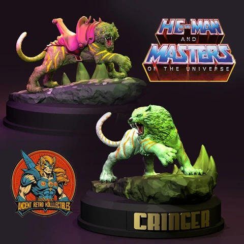 3D models of Cringer and Battlecat from He-Man, posed on bases with vibrant green and purple accents.