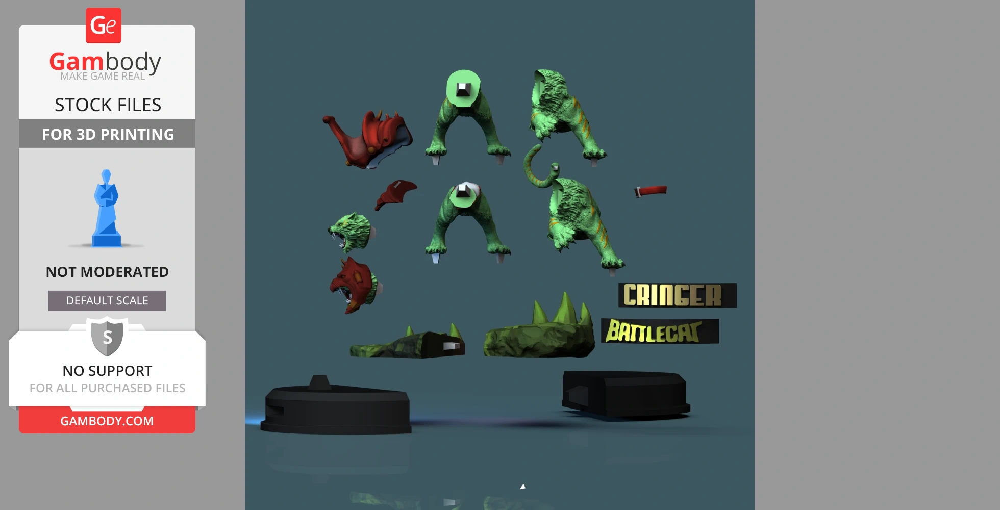 Disassembled green and red tiger-like figure parts for 3D printing, labeled 'Cringer Battlecat.'