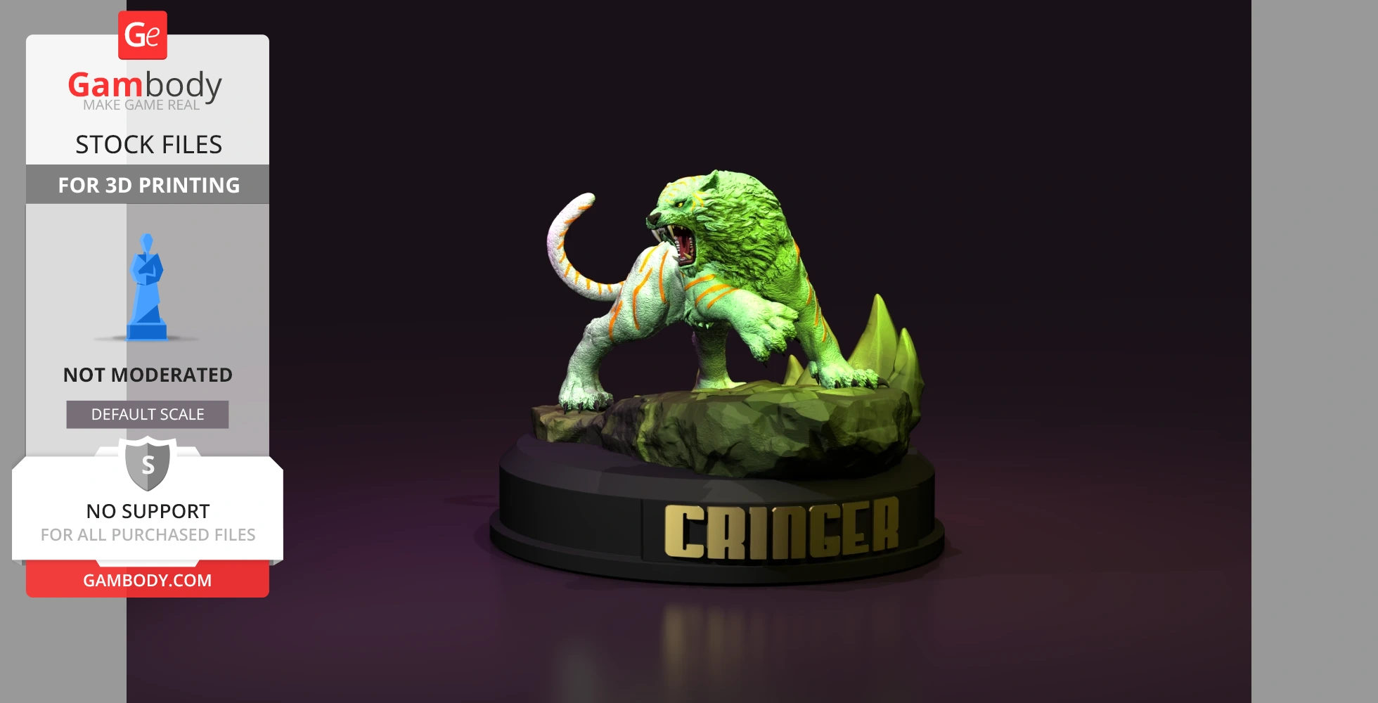 A fierce, green tiger-like creature with orange stripes, posed on a rocky base labeled 'CRINGER.'