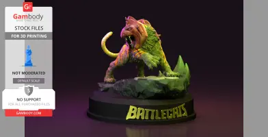 Armored, roaring green tiger posed on rocky base, labeled 'Battlecat.'