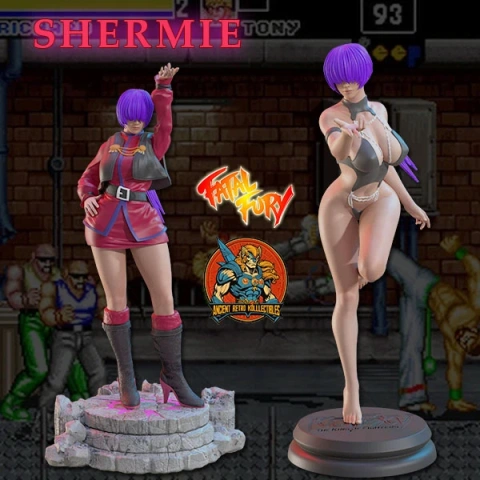 Two 3D-printed figures of a purple-haired character in different outfits, set in a gaming scene.
