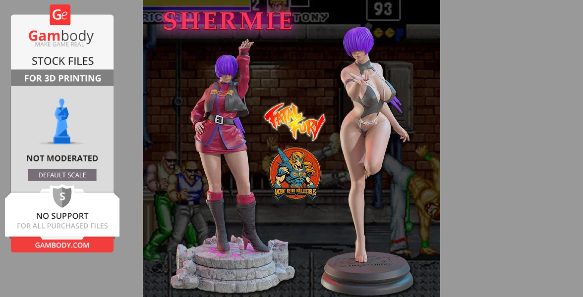 Two 3D models of a woman with purple hair. One in a red outfit, the other in a swimsuit for 3D printing.