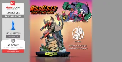 Dynamic figure of a character with guns and cape, standing on debris, with colorful comic backdrop.