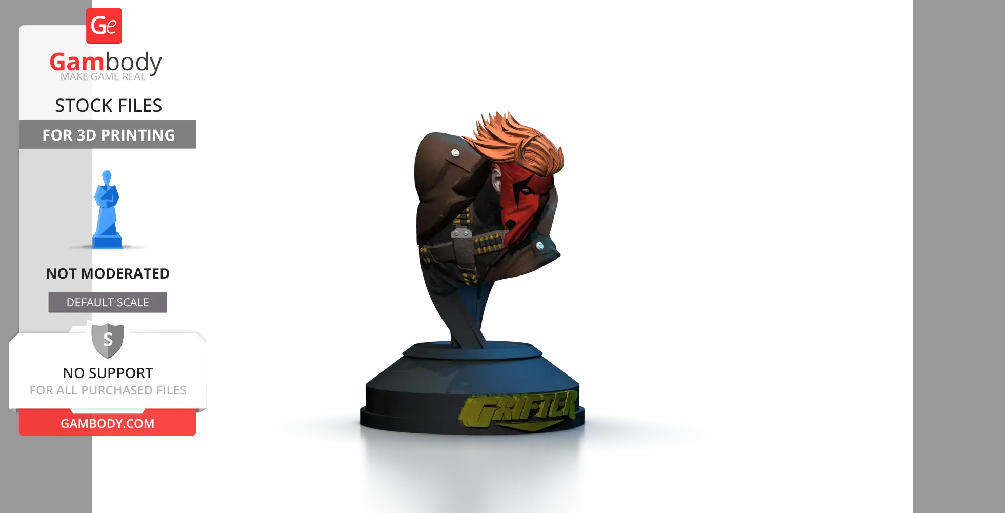 A detailed 3D bust of a masked character with red hair, displayed on a round base labeled 'Grifter.'